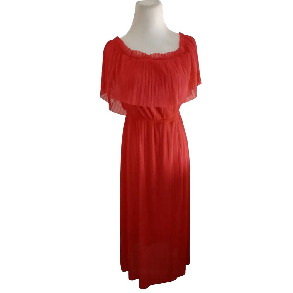 NWT Express Off The Shoulder Ruffle Dress Midi Micro Pleated Crepe Coral Size XS